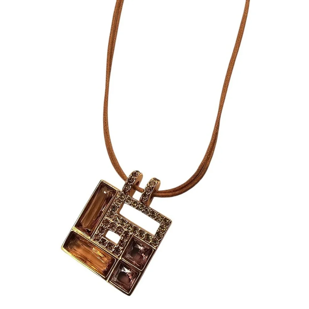 Swarovski Ilori Rose Gold Brown Pink Square‎ Crystal Pendant 18" Cord Necklace - Picture 4 of 13